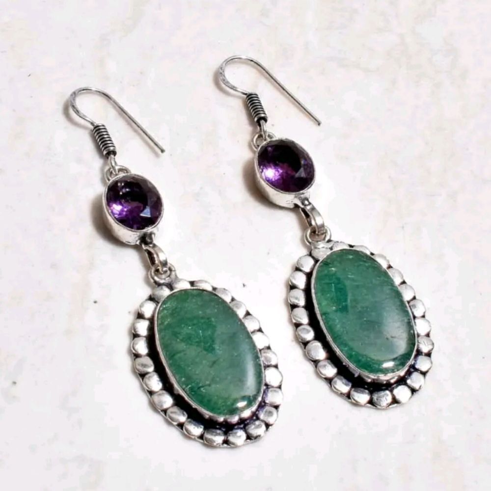 Green Aventurine Amethyst Handmade Drop Dangle Earrings Jewelry 2.65"